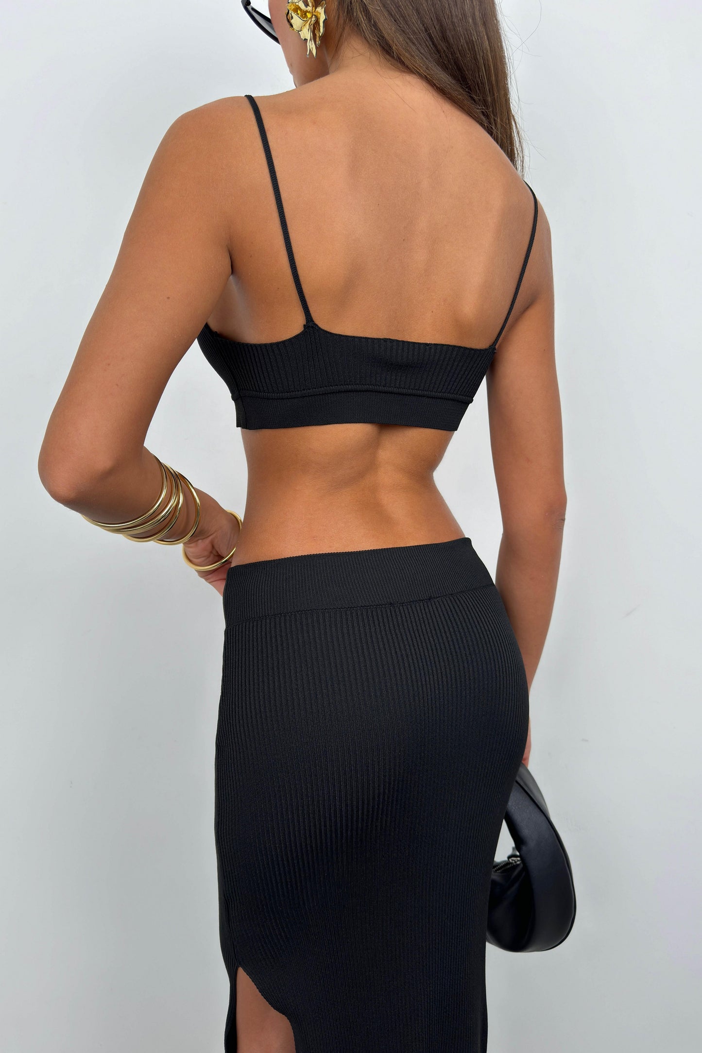 Black Crop Bustier Slit Skirt Set 