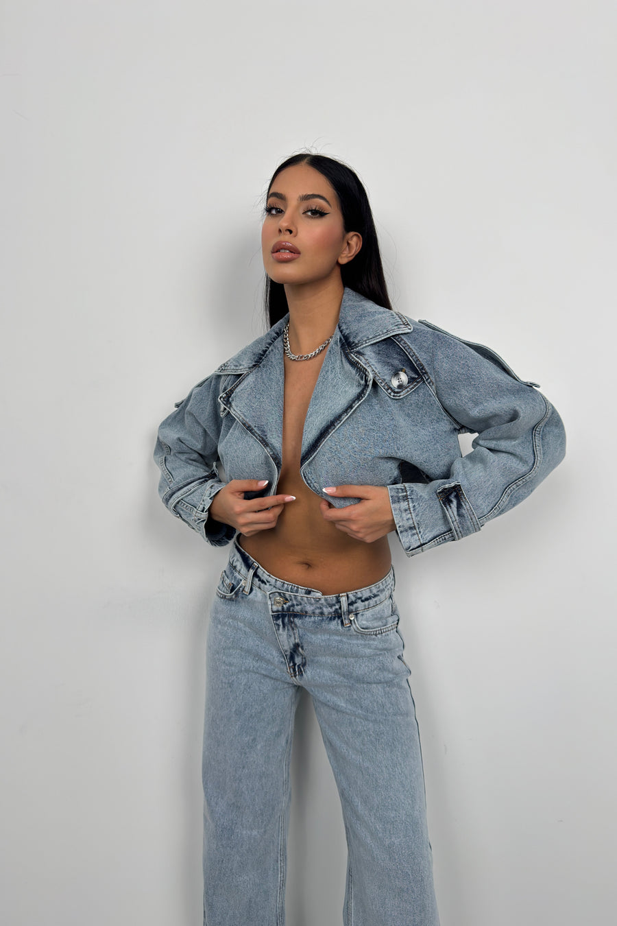 Crop Denim Light Blue Trench Coat 