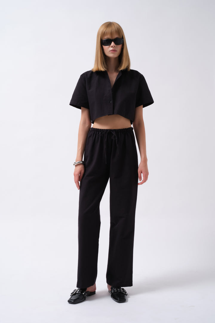 Crop Keten Siyah Gömlek