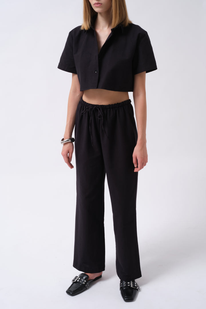 Crop Keten Siyah Gömlek