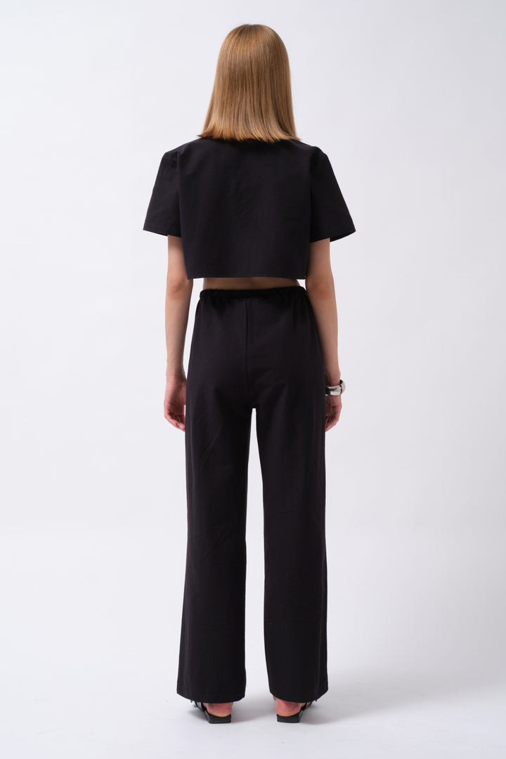 Crop Keten Siyah Gömlek