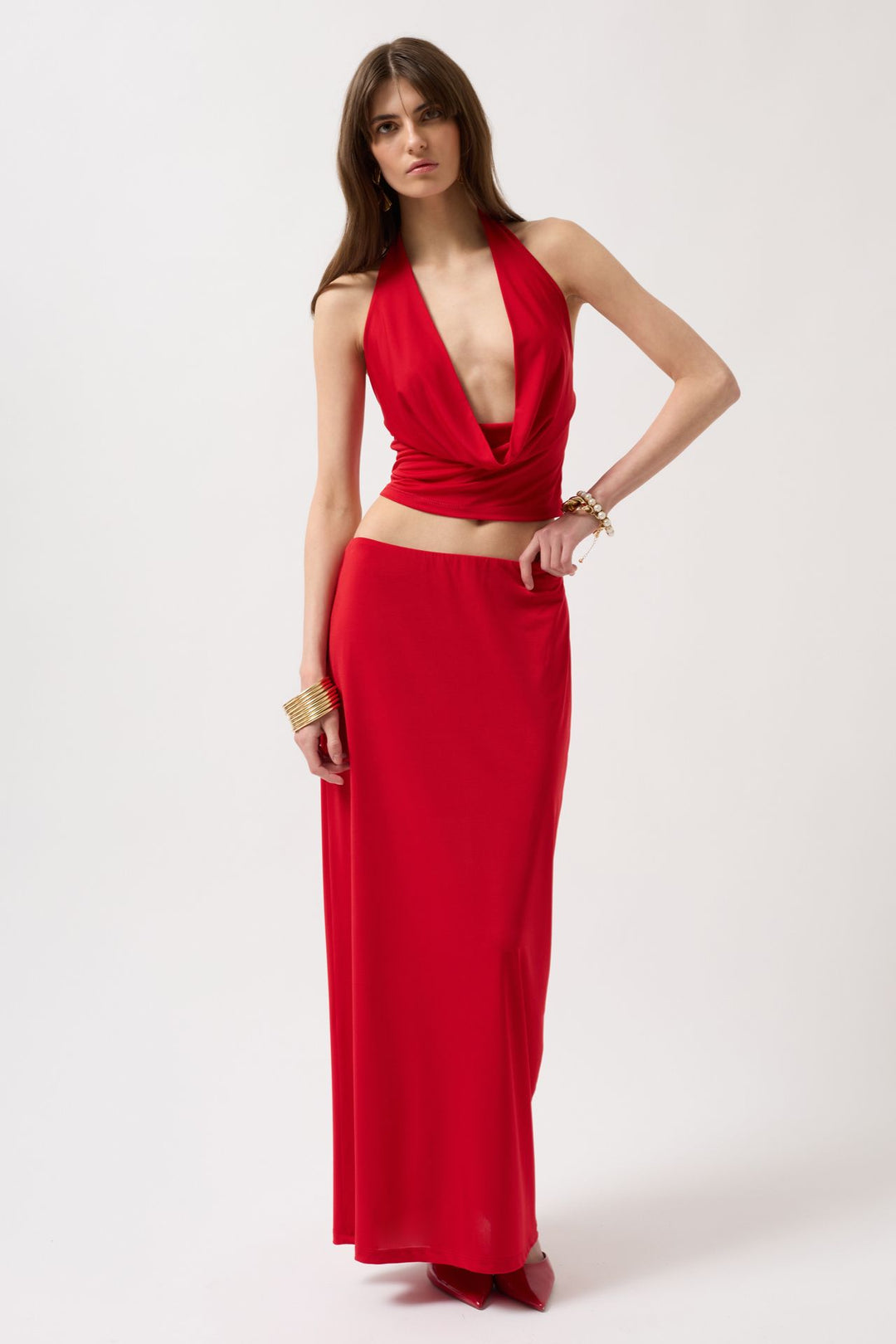 Degaje Yaka Crop Kırmızı Bluz