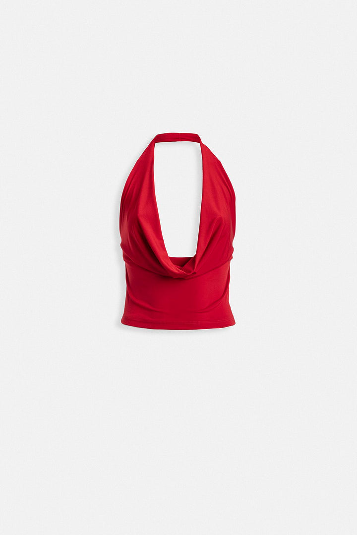 Degaje Yaka Crop Kırmızı Bluz