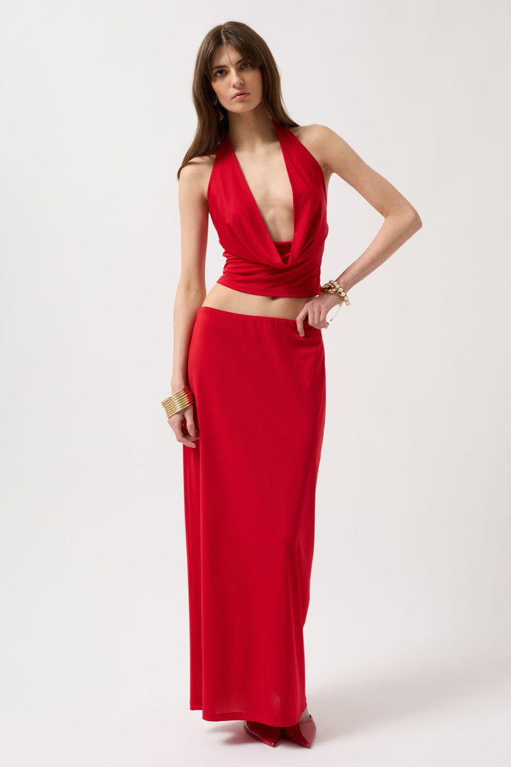 Degaje Yaka Crop Kırmızı Bluz