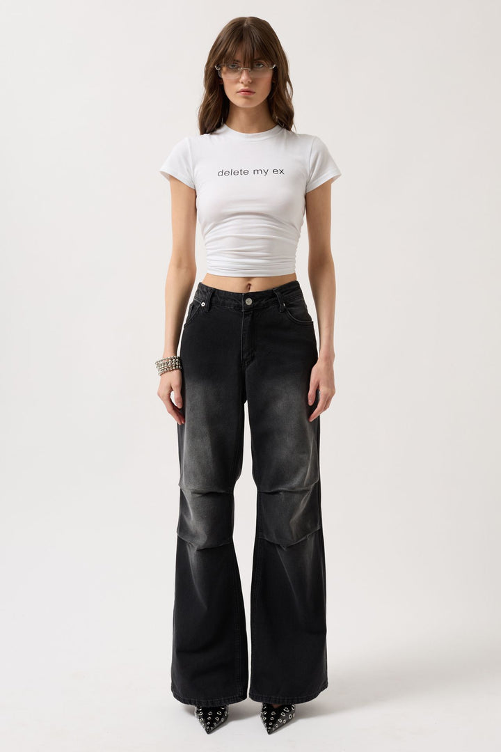 Delete My Ex Baskılı Likralı Crop Beyaz T-Shirt