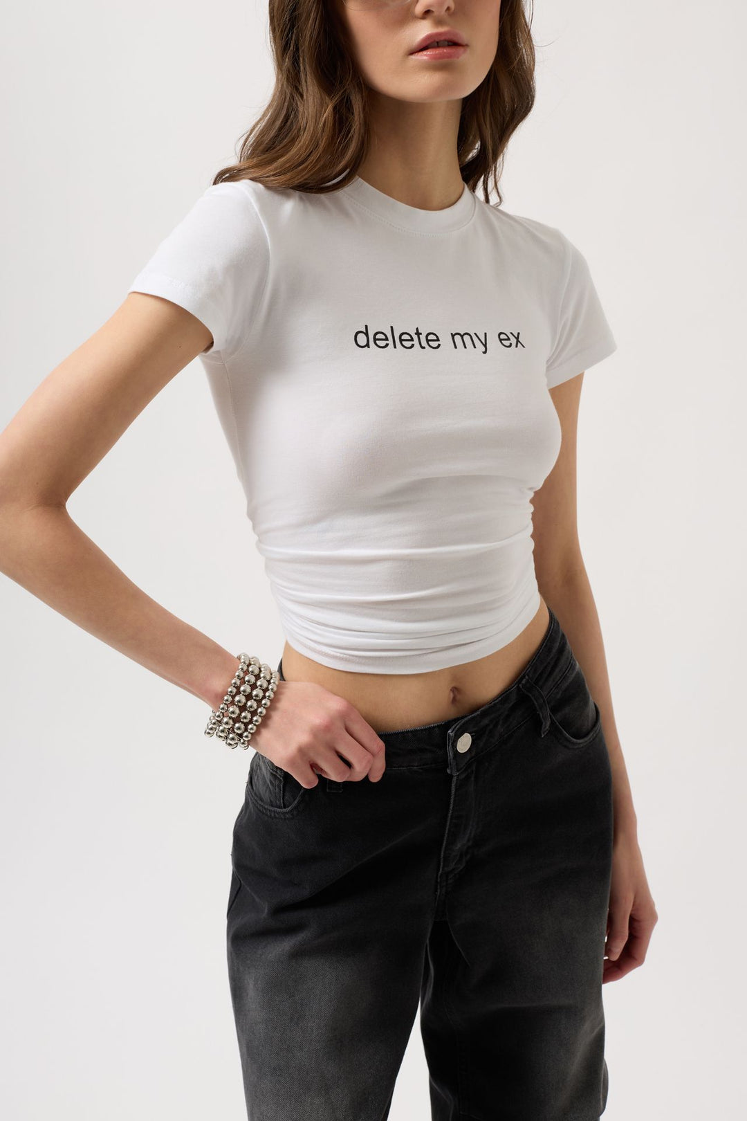 Delete My Ex Baskılı Likralı Crop Beyaz T-Shirt