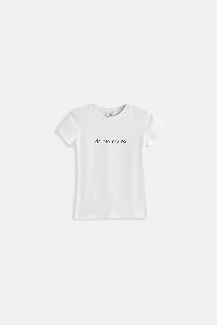 Delete My Ex Baskılı Likralı Crop Beyaz T-Shirt