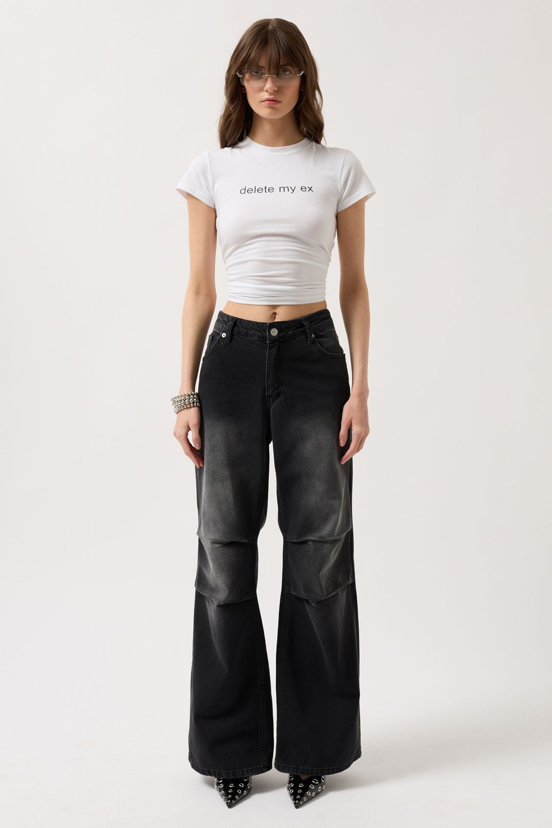 Delete My Ex Baskılı Likralı Crop Beyaz T-Shirt