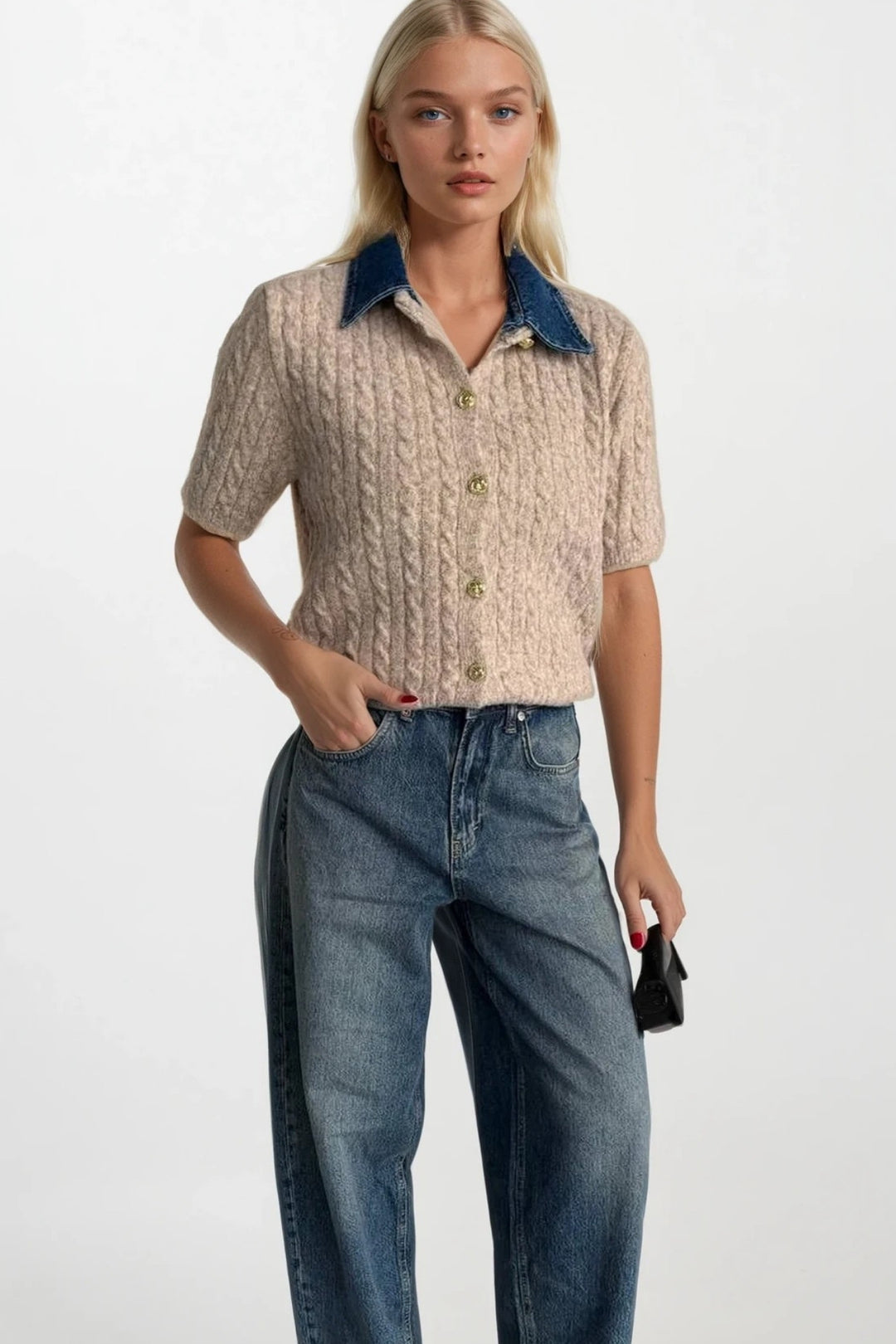 Denim Yaka Gold Düğmeli Yarım Kol Bej Triko Bluz