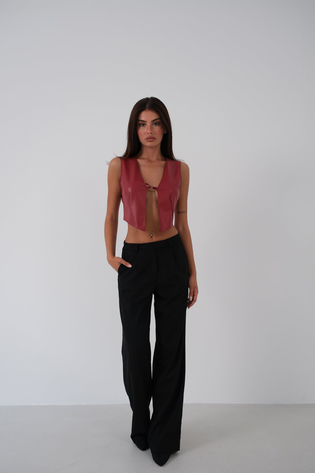 Claret Red Leather Crop Vest 