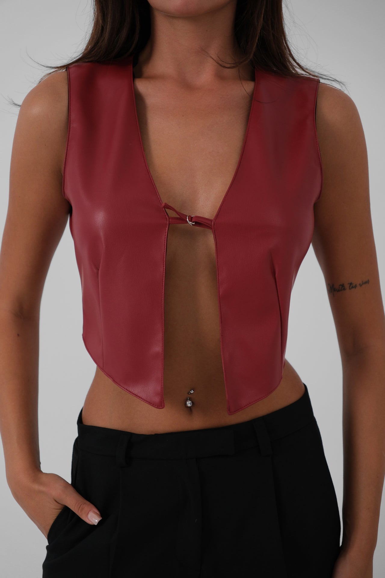 Claret Red Leather Crop Vest 