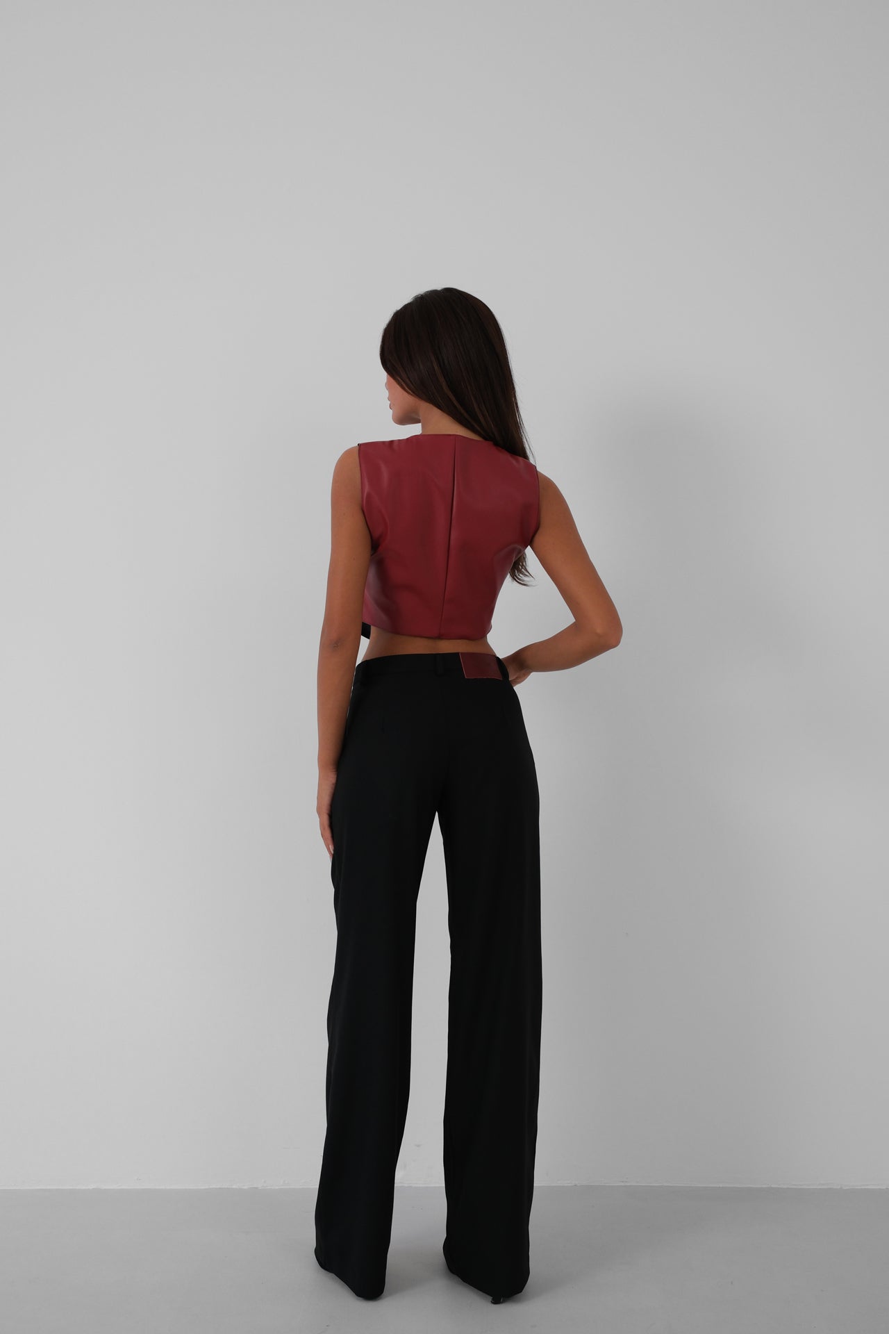 Claret Red Leather Crop Vest 