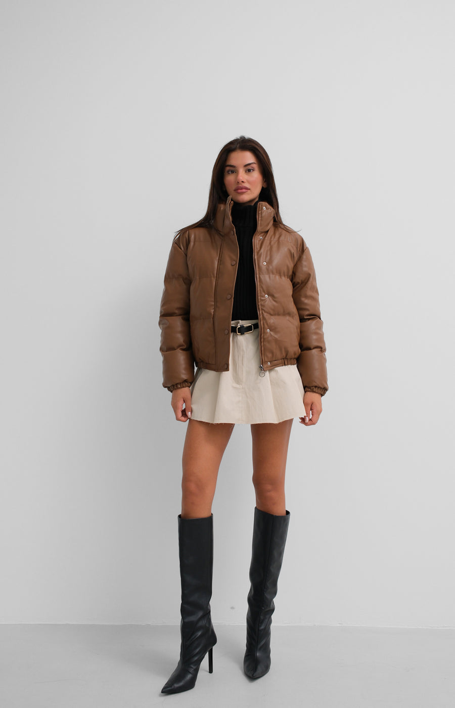 Leather Tan Puffer Jacket 