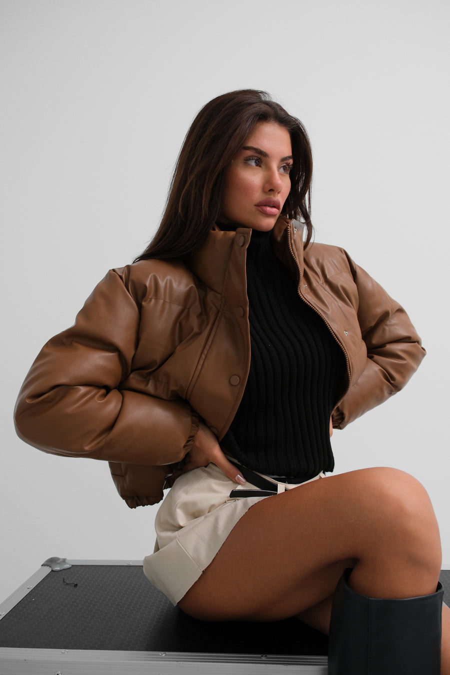 Leather Tan Puffer Jacket 