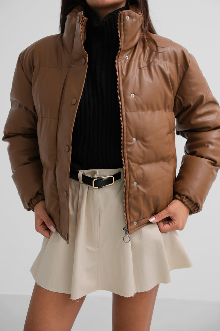 Leather Tan Puffer Jacket