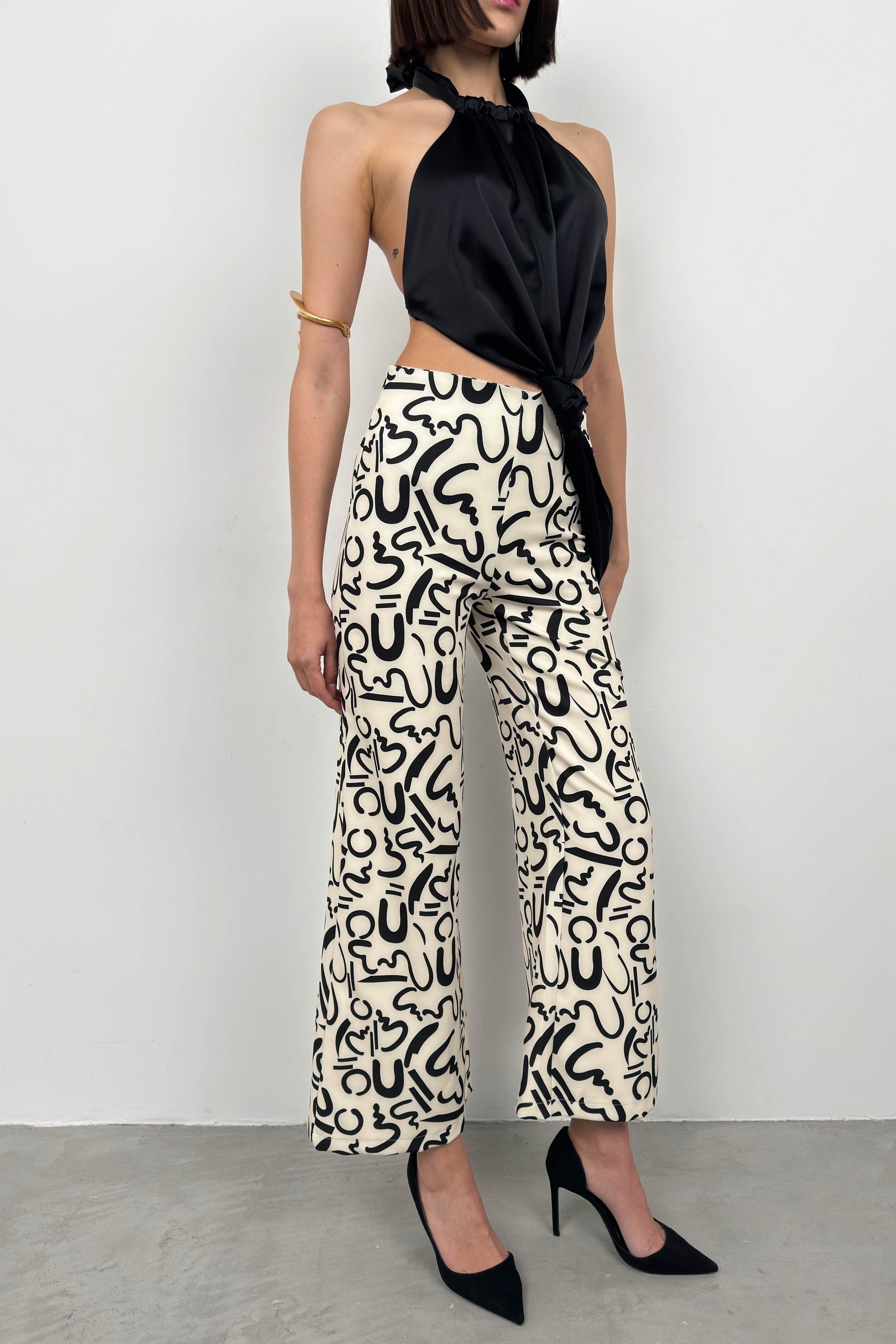 Patterned Straight Leg White Trousers 