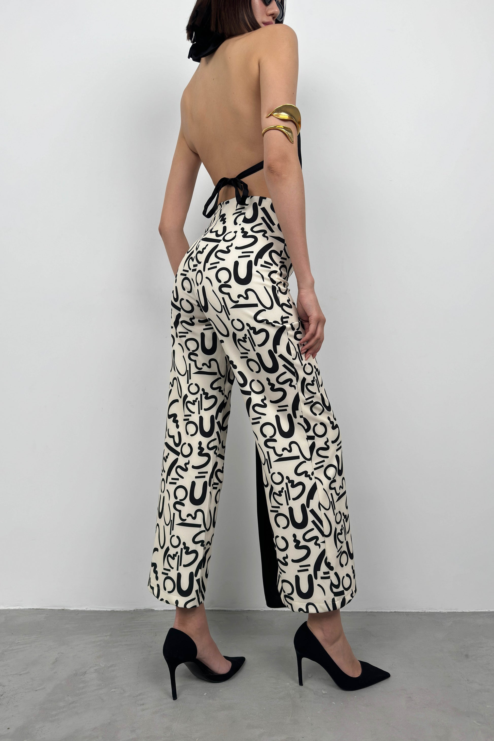 Patterned Straight Leg White Trousers 