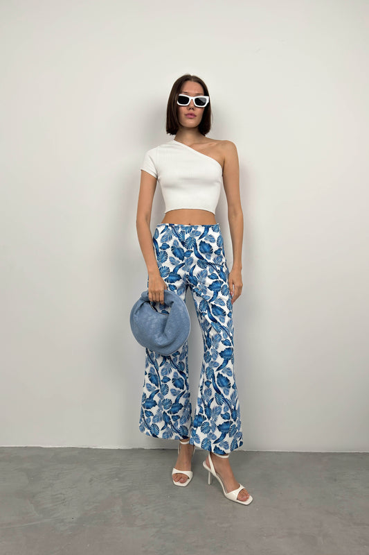 Patterned Straight Leg Blue Trousers 