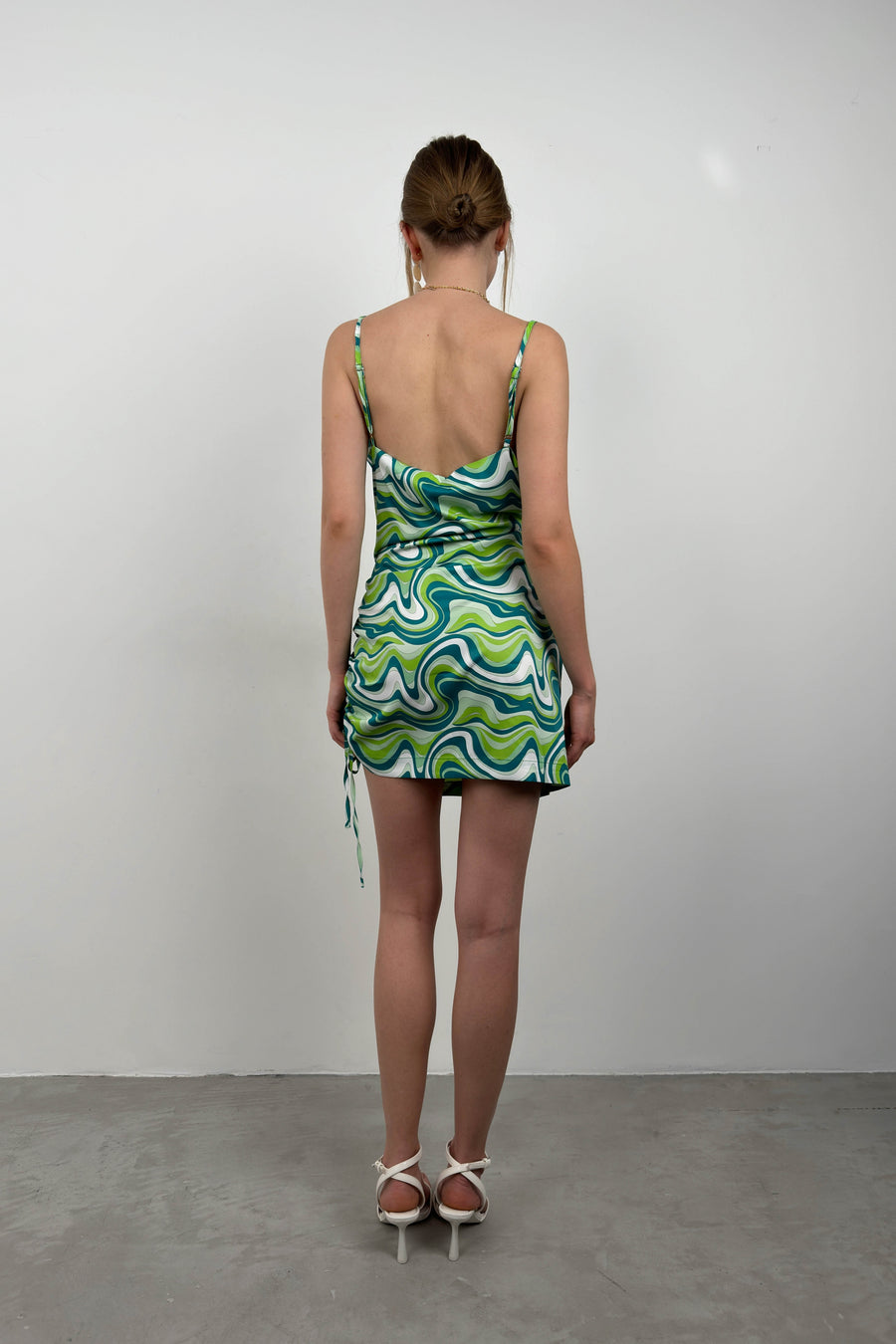 Patterned Pleated Green Mini Dress 