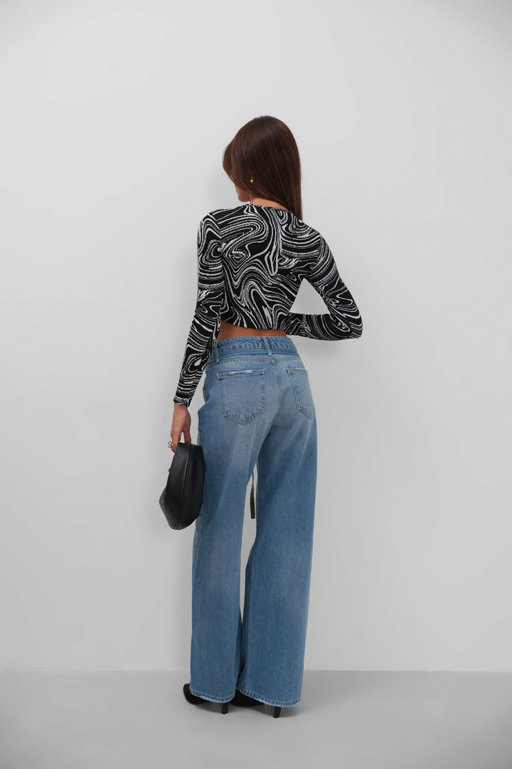 Patterned Crop Black Blouse 