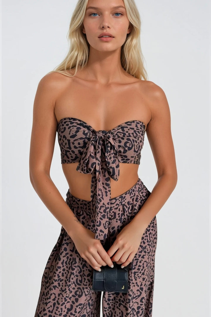 Leopar Desenli Crop Bluz Pantolon İkili Takım