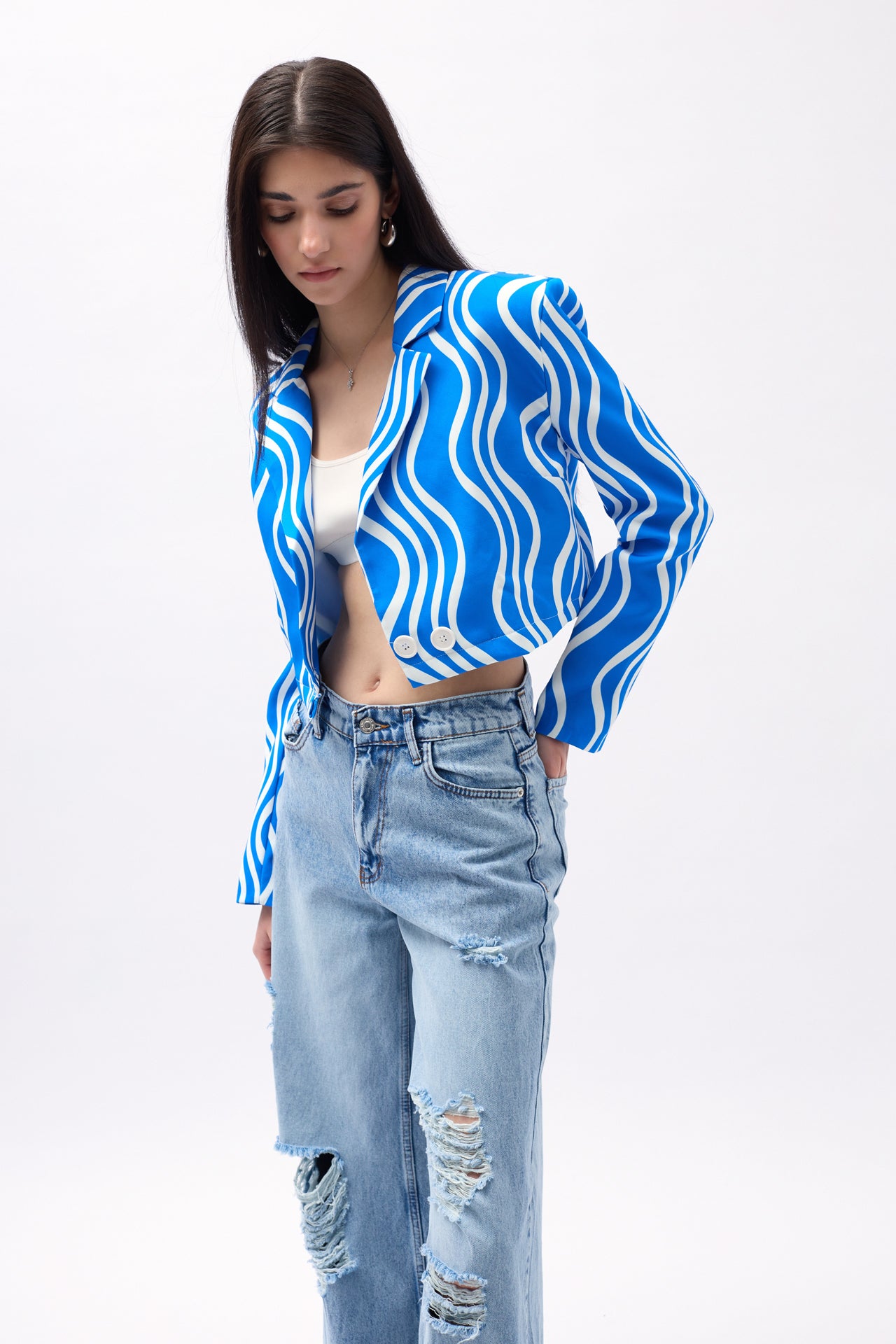 Patterned Blue Crop Jacket 