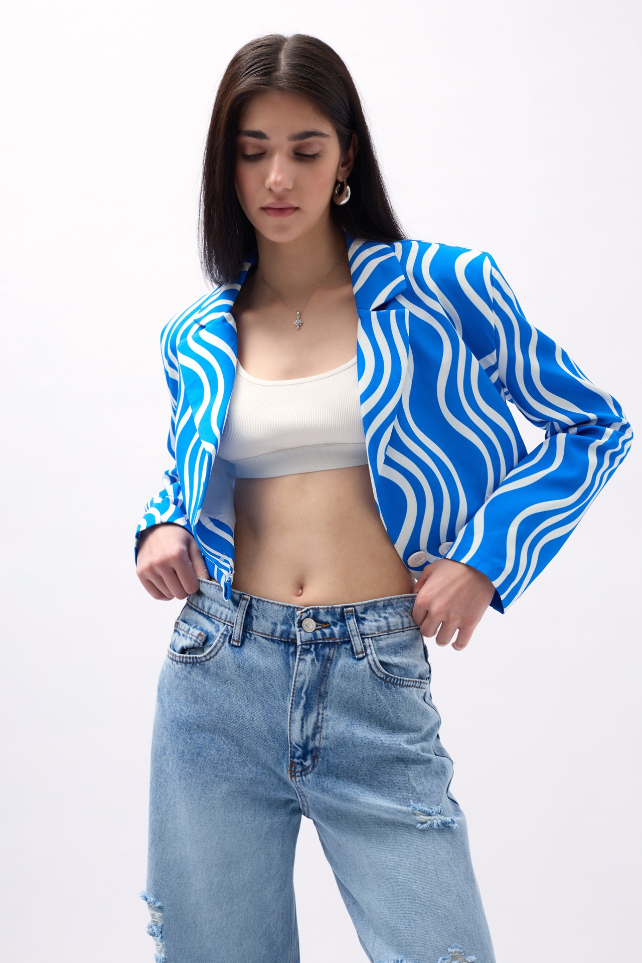 Patterned Blue Crop Jacket 