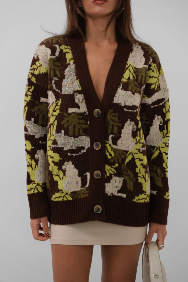 Patterned Oversize Brown Cardigan 