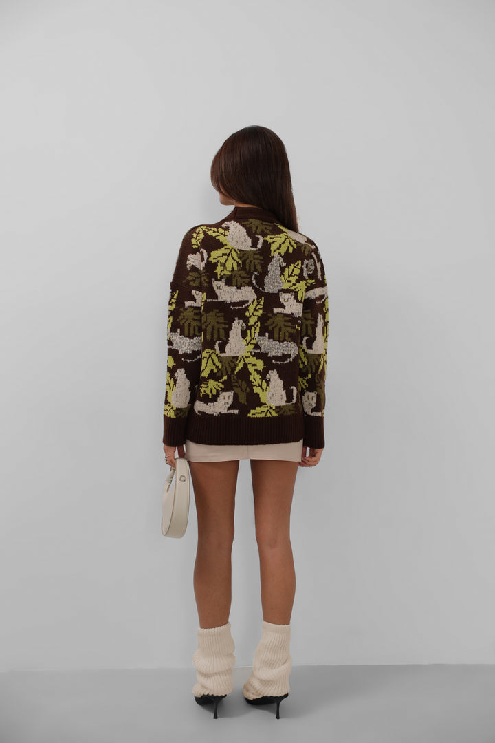 Patterned Oversize Brown Cardigan 