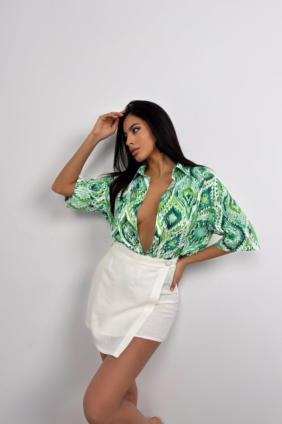 Patterned Green Satin Shirt 