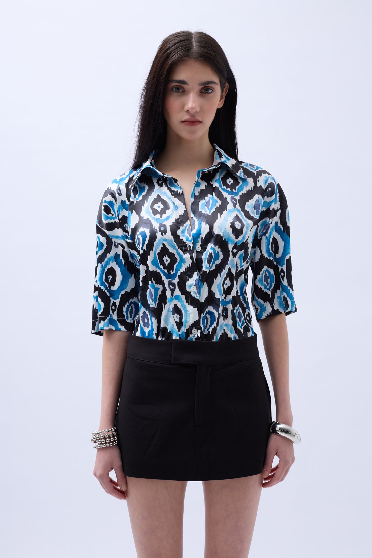 Patterned Satin Blue Shirt 