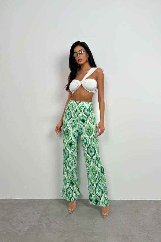 Patterned Satin Green Trousers 