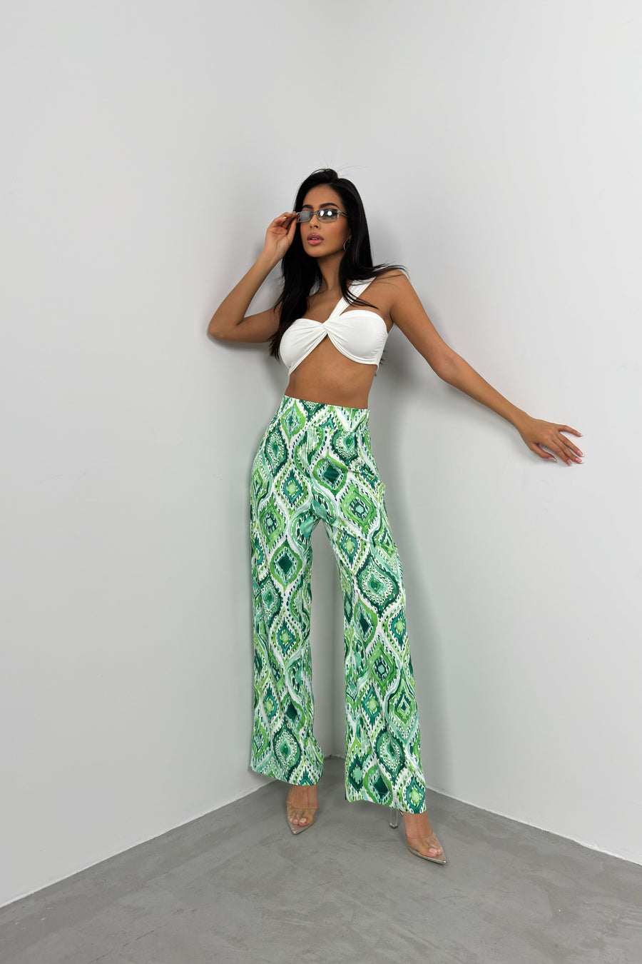 Patterned Satin Green Trousers 