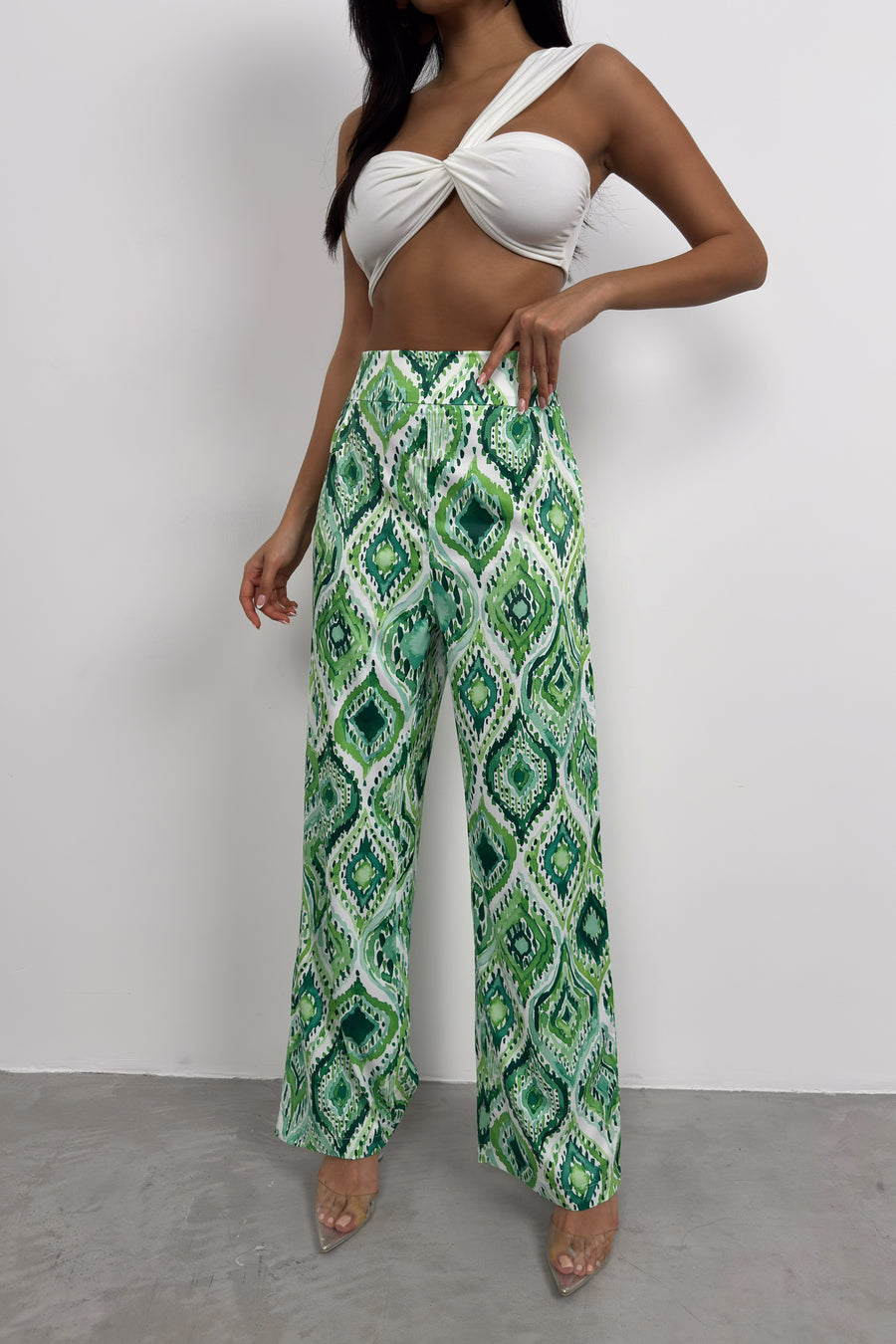 Patterned Satin Green Trousers 