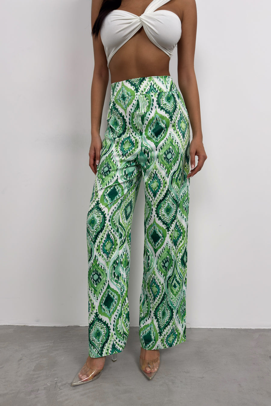 Patterned Satin Green Trousers 