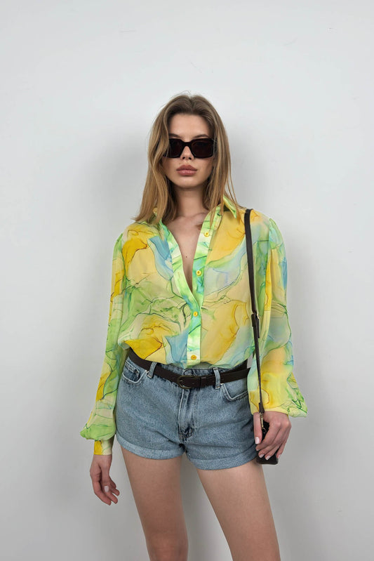 Patterned Green Chiffon Shirt 