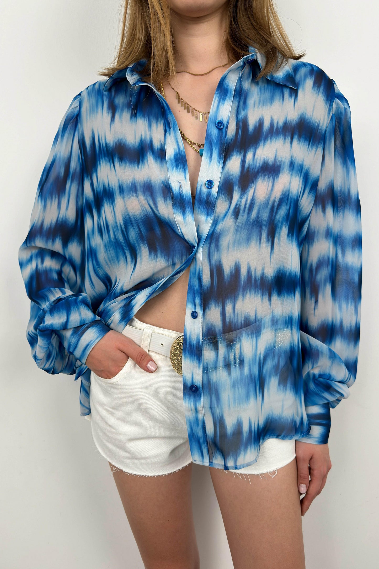 Patterned Blue Chiffon Shirt 