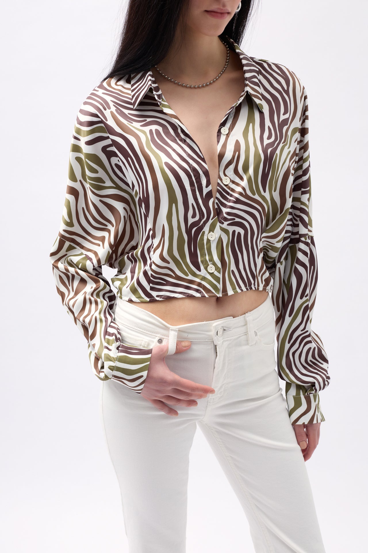 Patterned Green Crop Shirt 