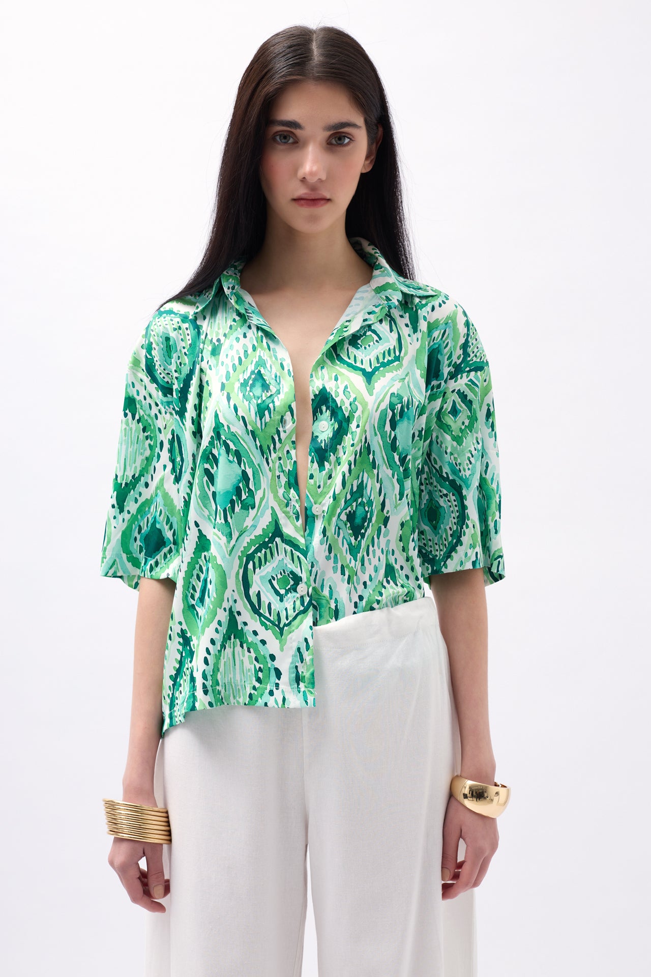 Patterned Green Satin Shirt 