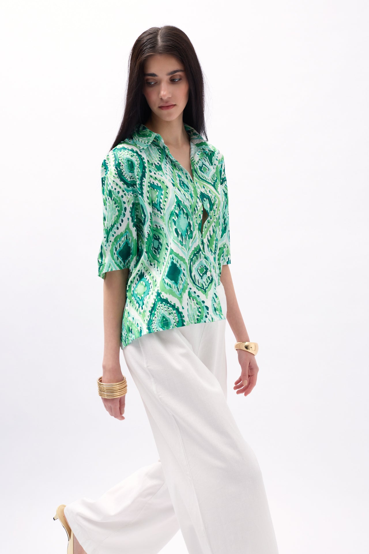 Patterned Green Satin Shirt 