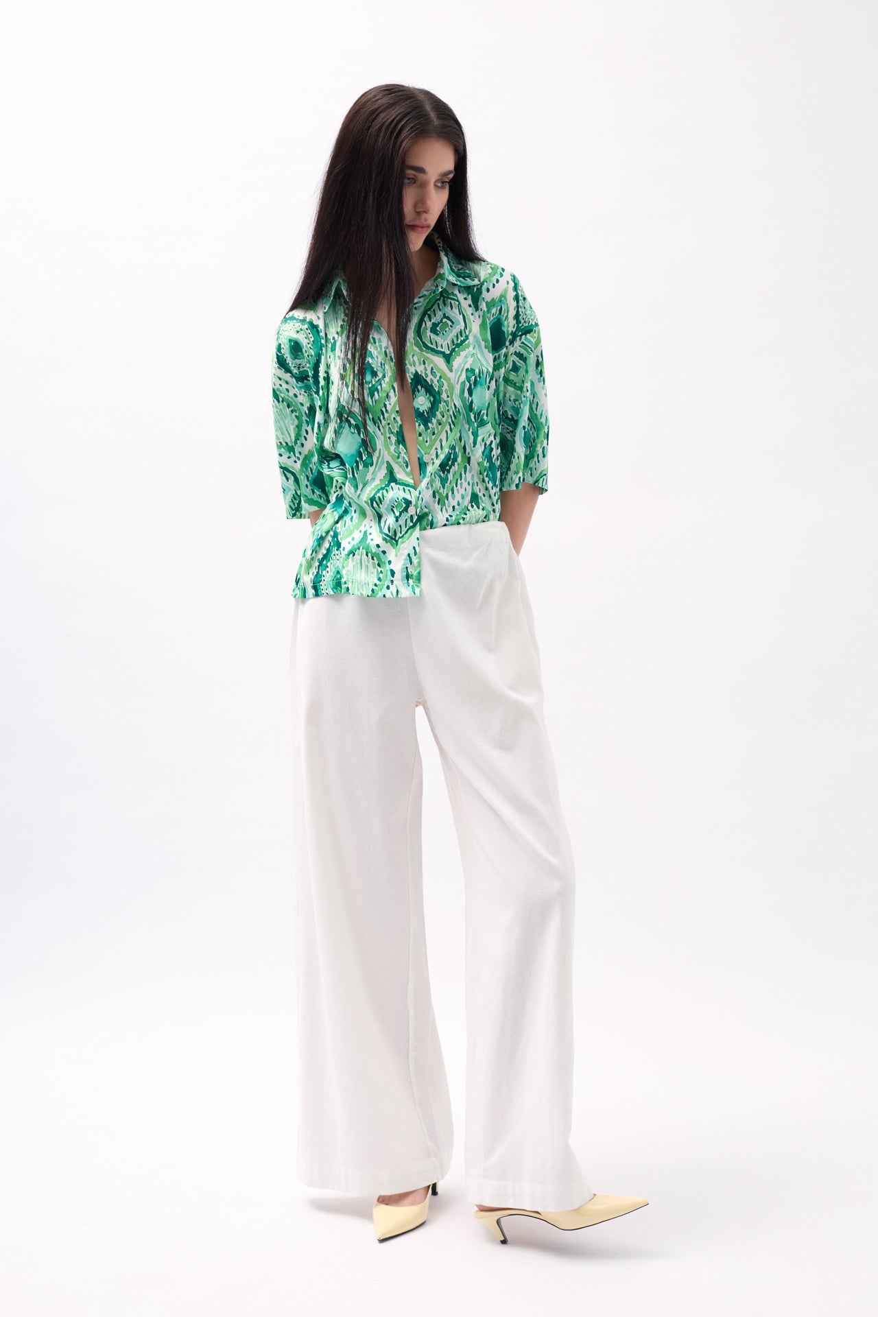 Patterned Green Satin Shirt 