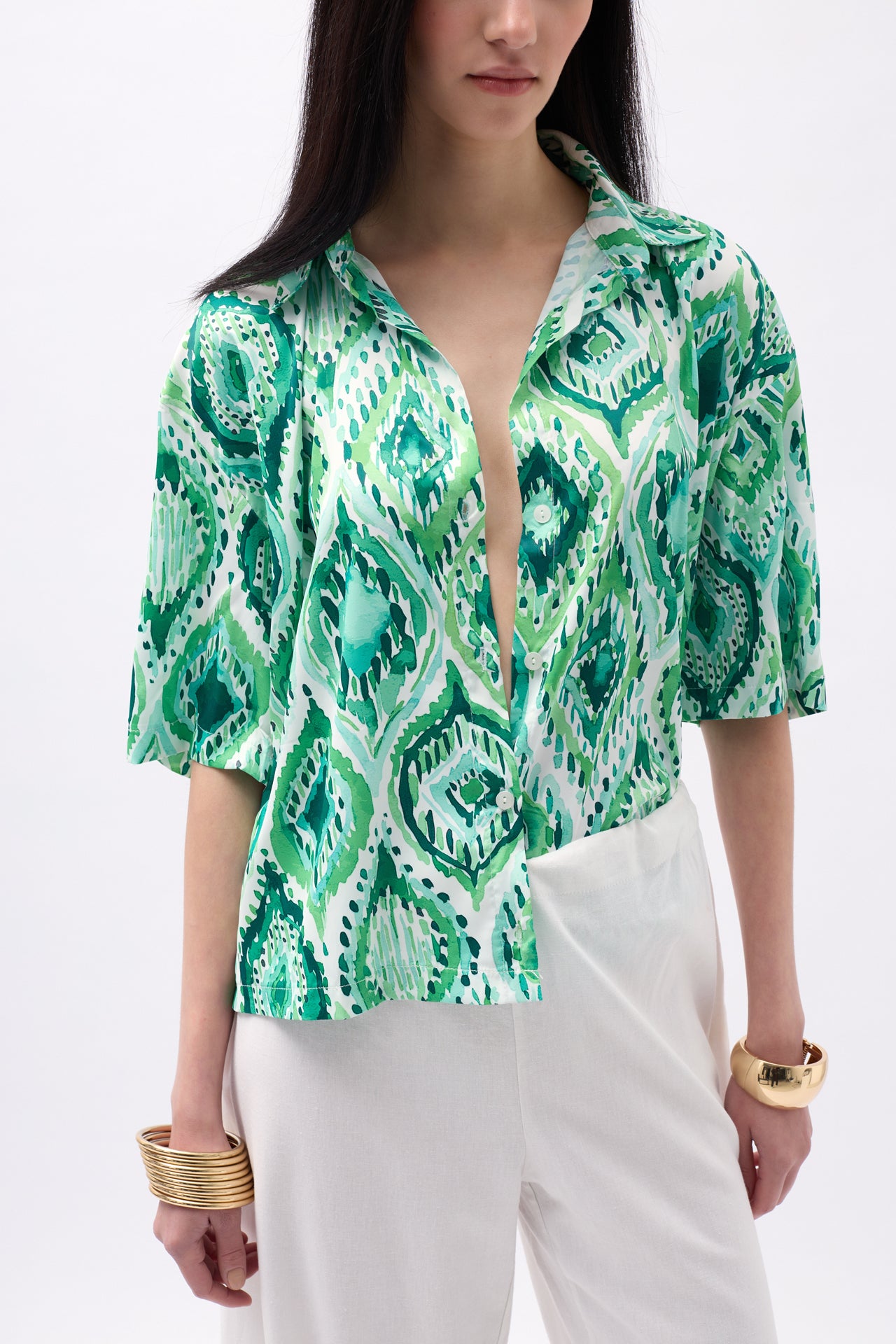 Patterned Green Satin Shirt 