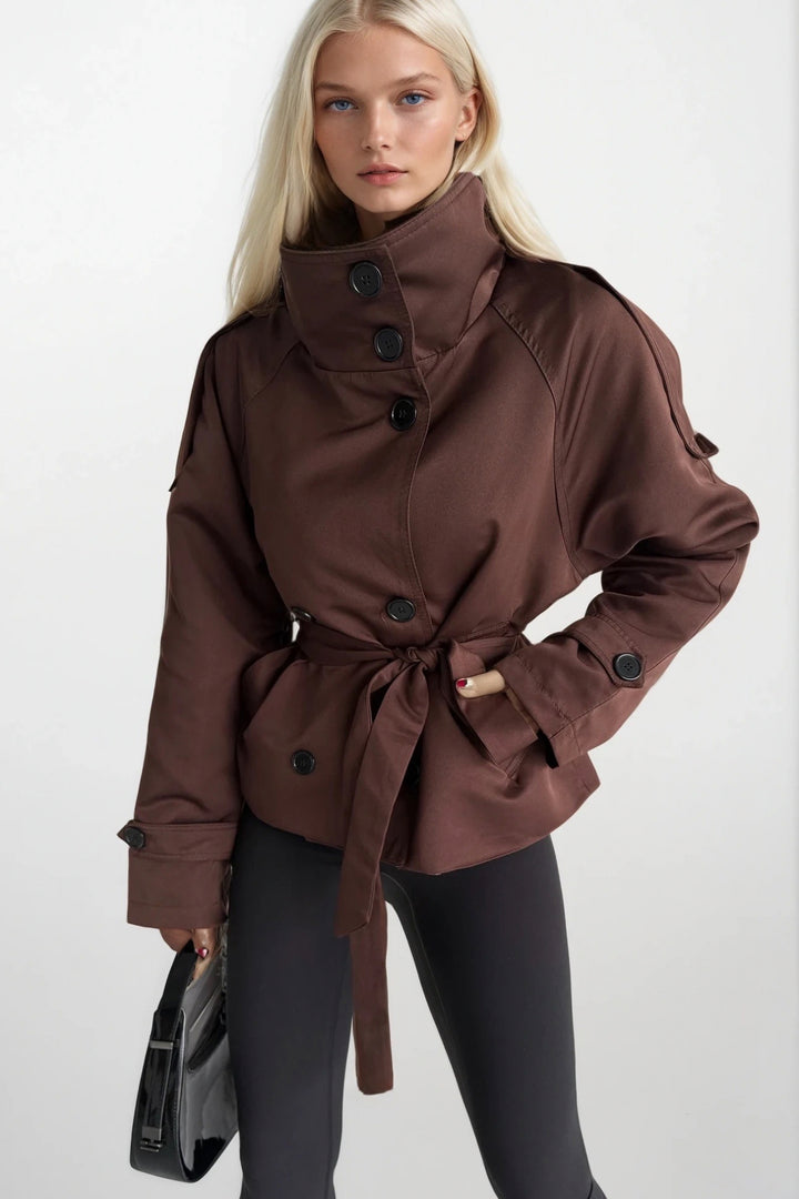 Dik Yaka Crop Kahverengi Trençkot