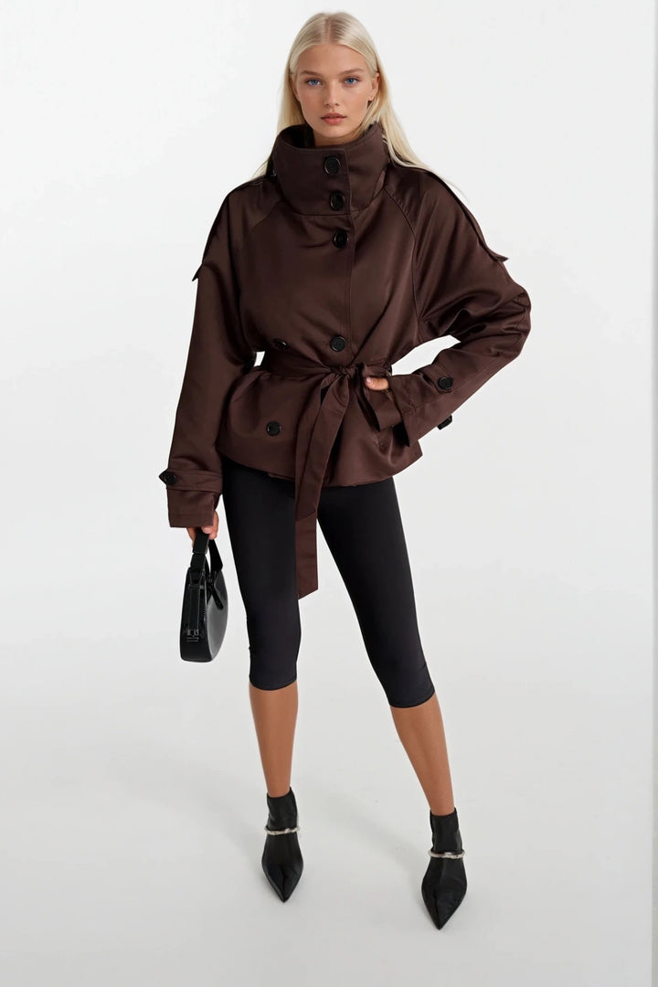 Dik Yaka Crop Kahverengi Trençkot
