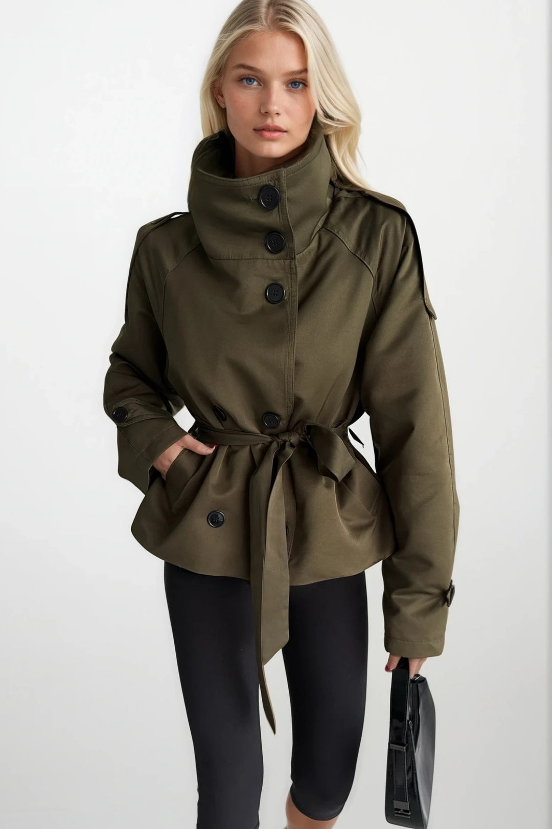Dik Yaka Crop Haki Trençkot