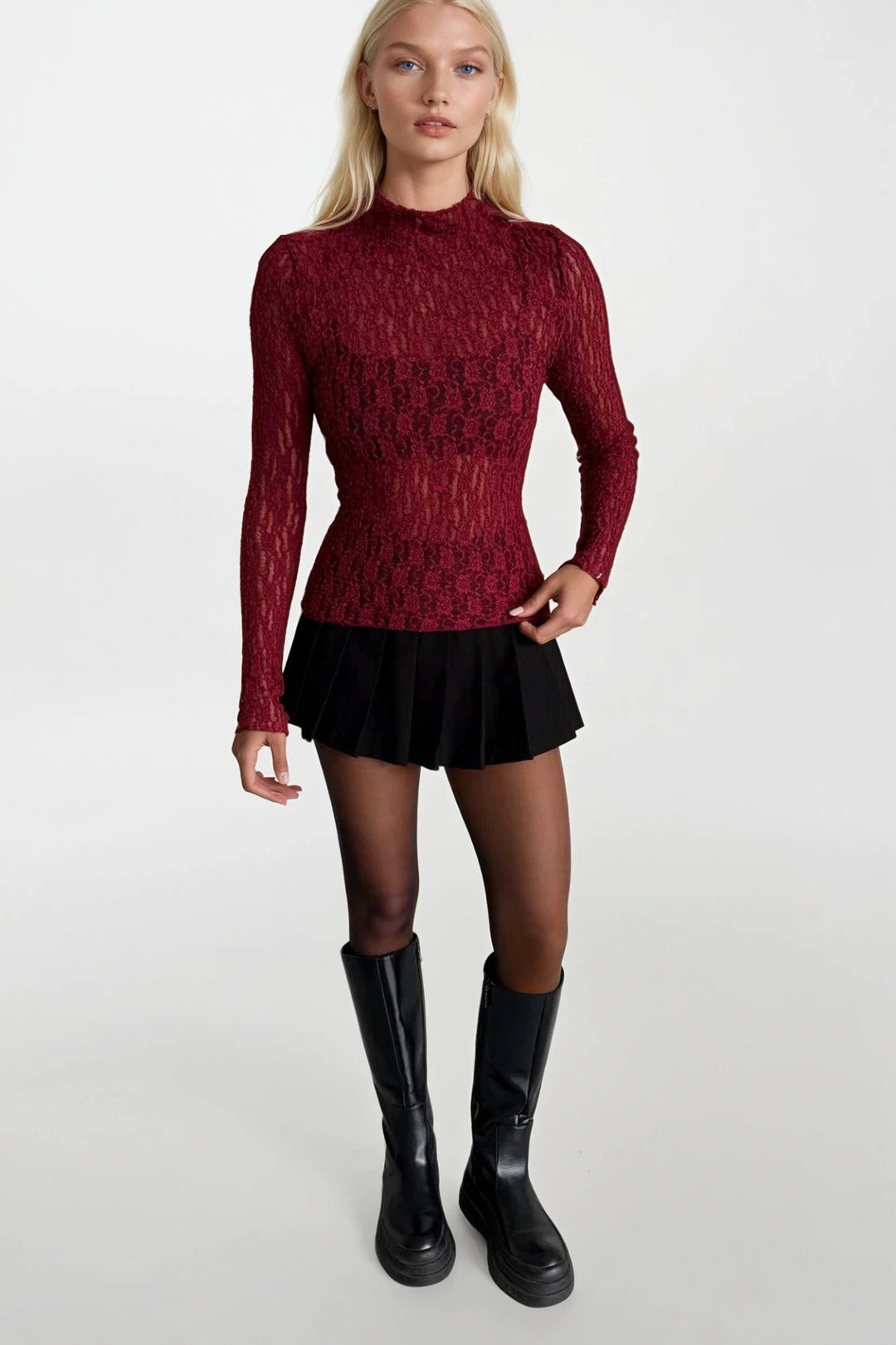 Dik Yaka Bordo Dantel Bluz