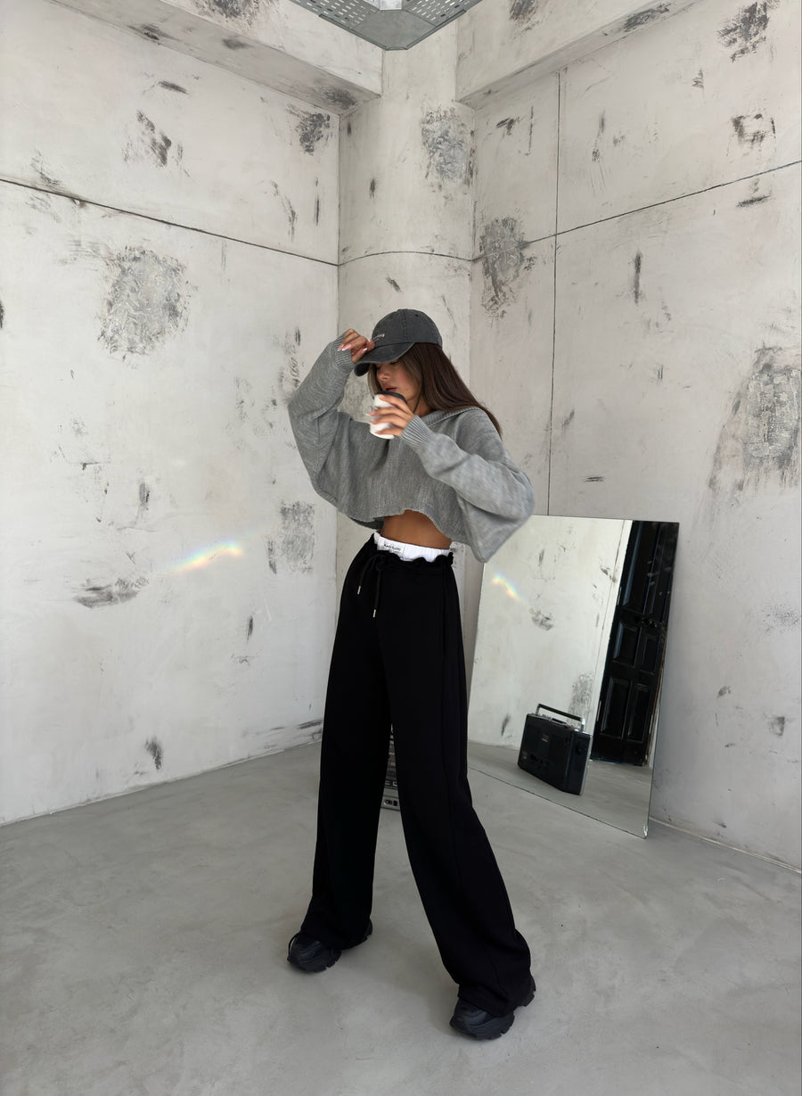 Stitch Detail Wide Leg Black Sweatpants 