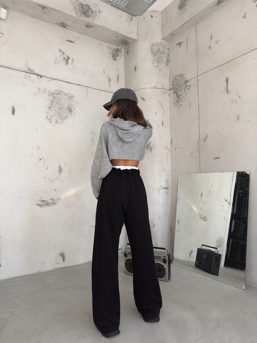 Stitch Detail Wide Leg Black Sweatpants 