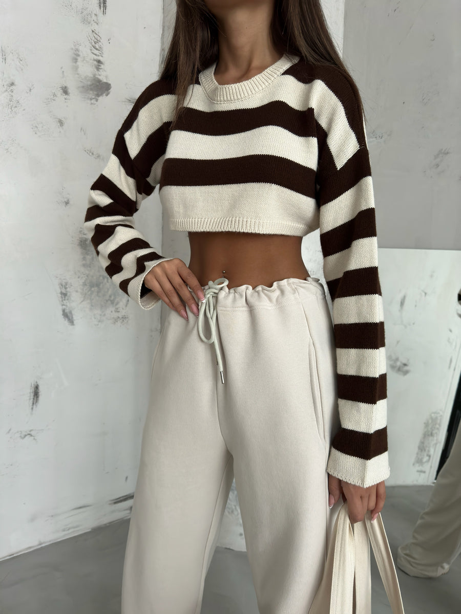 Stitch Detail Wide Leg Beige Sweatpants 