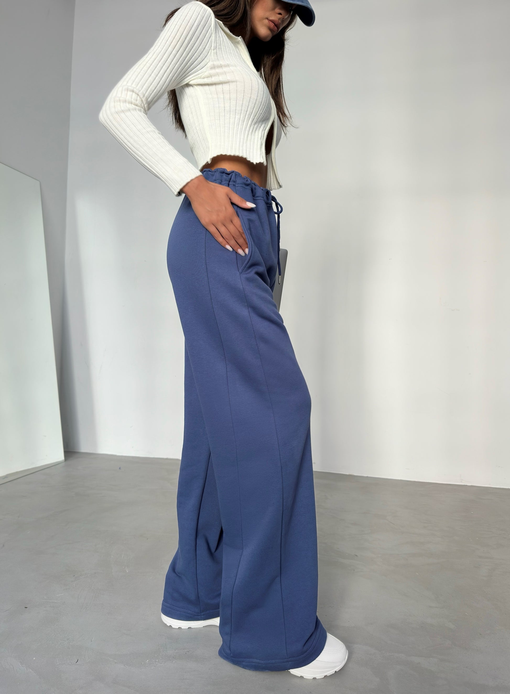 Stitch Detail Wide Leg Navy Blue Sweatpants 